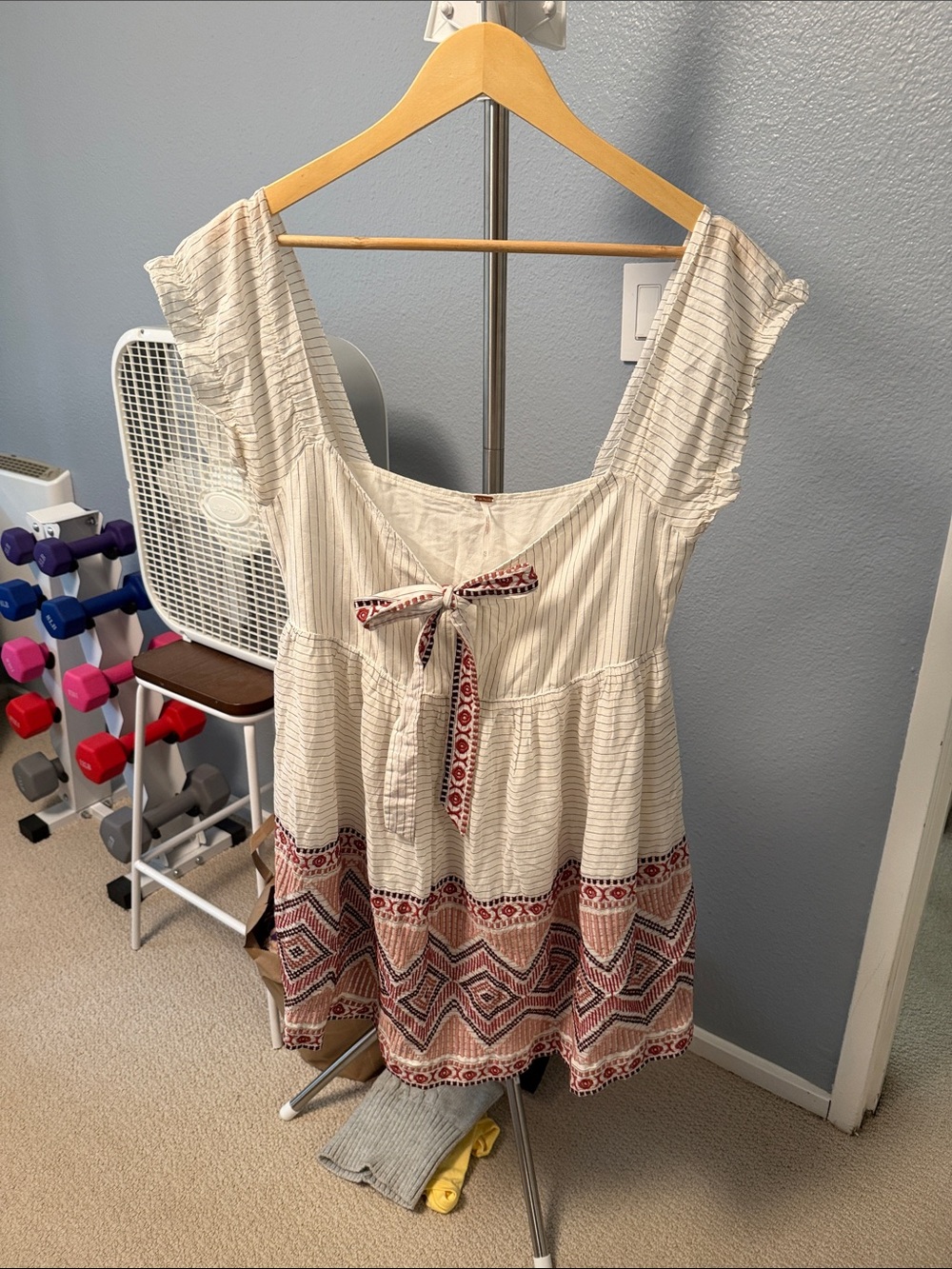 Free People Cream Tunic with Red Patterned Hem and Tie